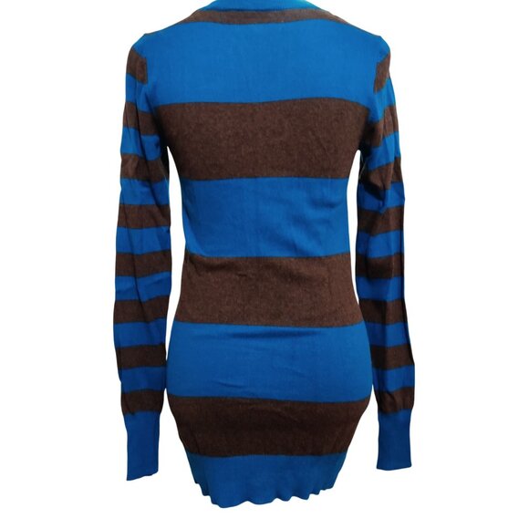 Decree Womens Cardigan Boyfriend Sweater V Neck Y2K Striped Blue Brown Size M - Picture 3 of 5